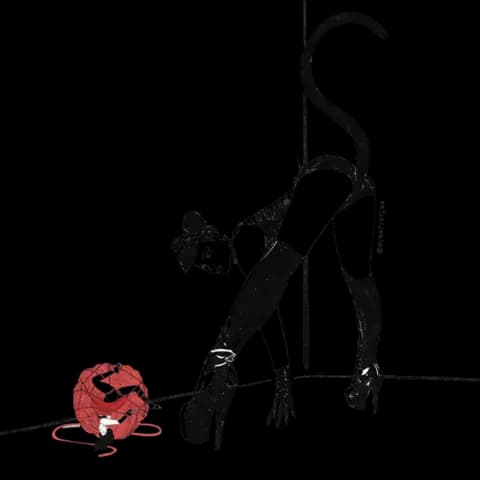 An illustrated figure suspended in rope bondage.