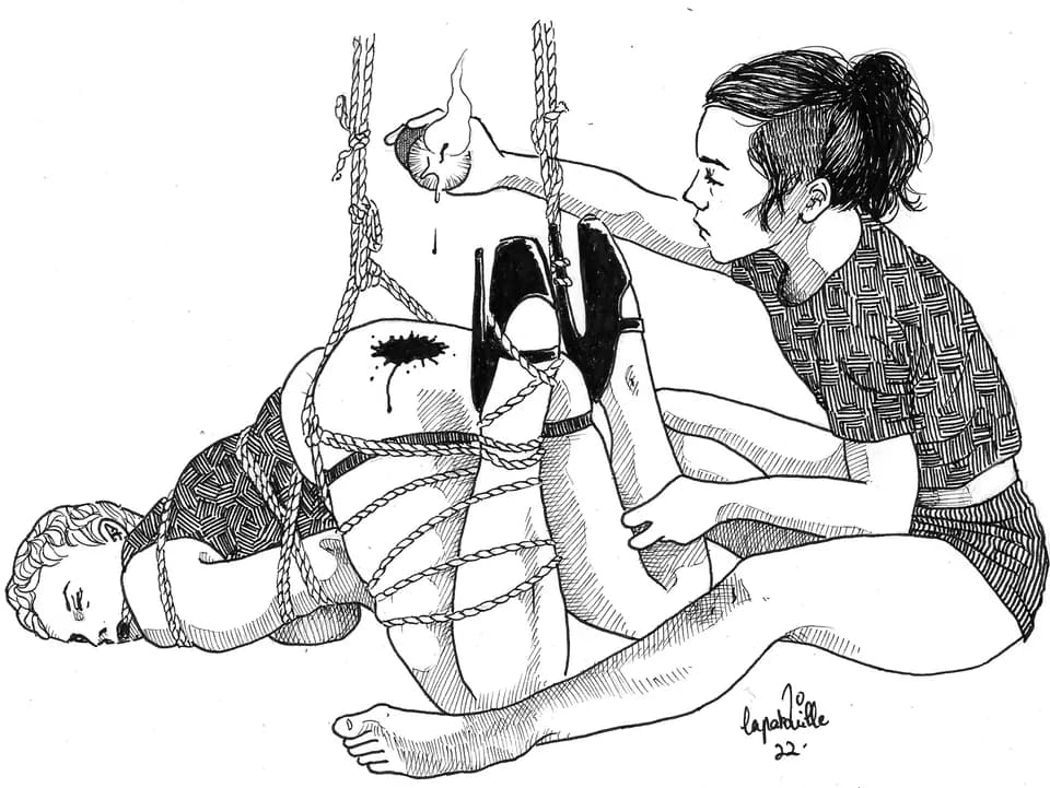 Hand-drawn illustration of one person suspended by rope and another managing the suspension.