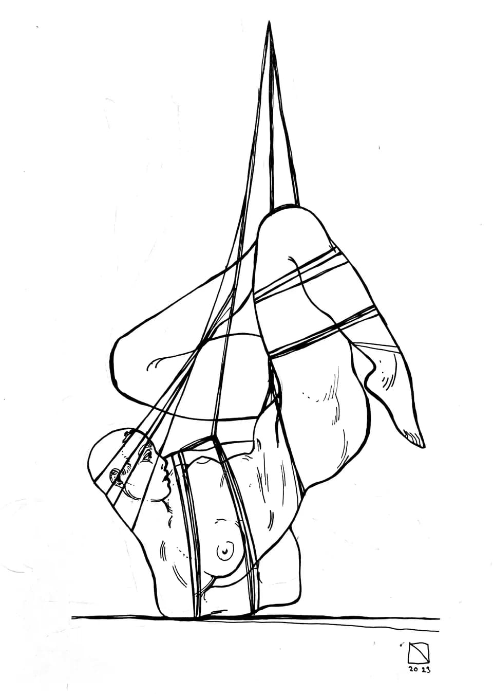 Line drawing of a person in suspension with rope pattern across the torso.