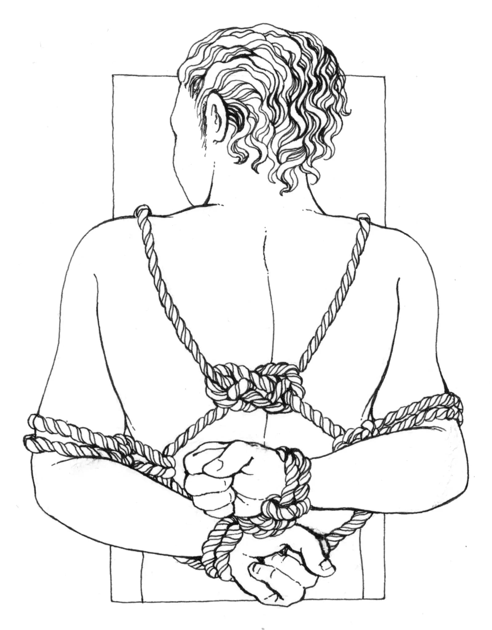 A black and white ink drawing of a person seen from behind, their wrists bound together behind their back with rope running up over the shoulders.