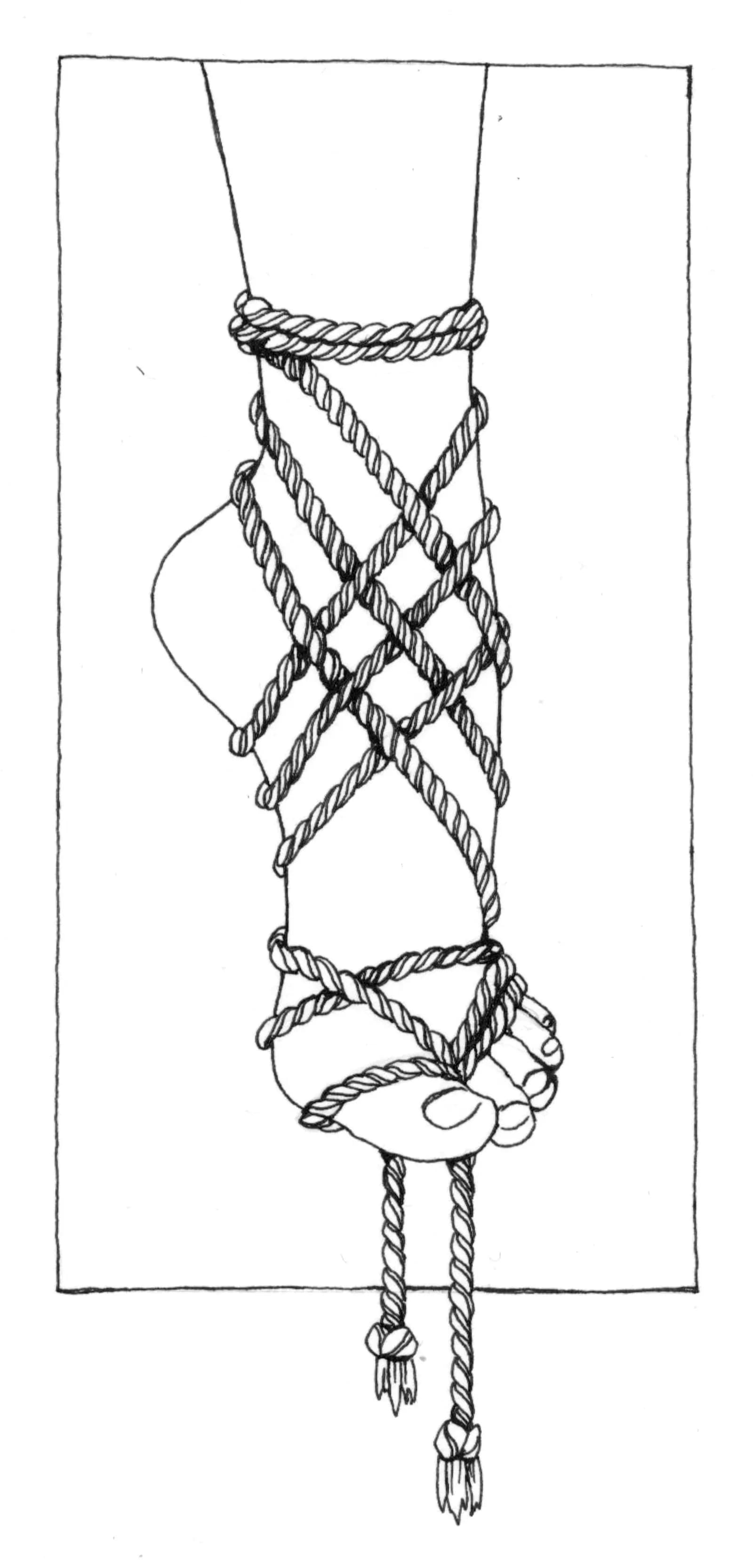 A black and white ink drawing of a foot standing on tiptoe, wrapped from ankle to toes in a crisscrossing rope tie.