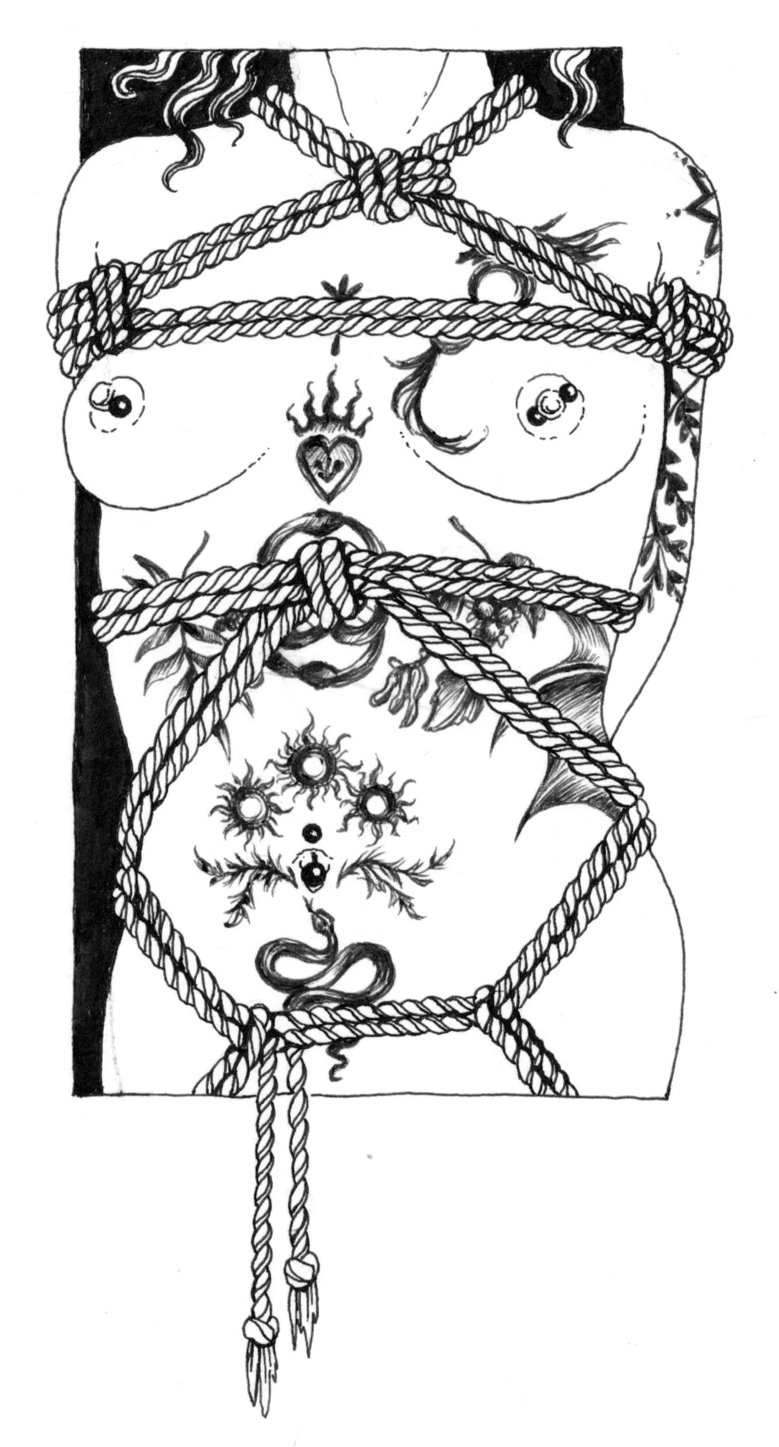 A black and white ink drawing of a tattooed torso bound in a rope harness, with knotted rope ends hanging below the hips.