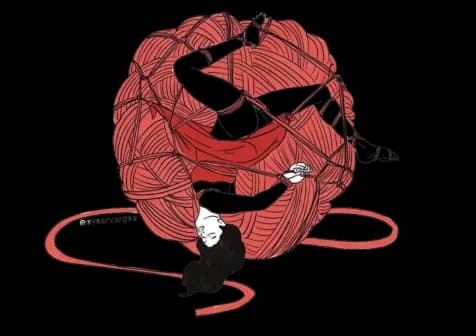 Illustrated figure wrapped in a large tangle of rope.