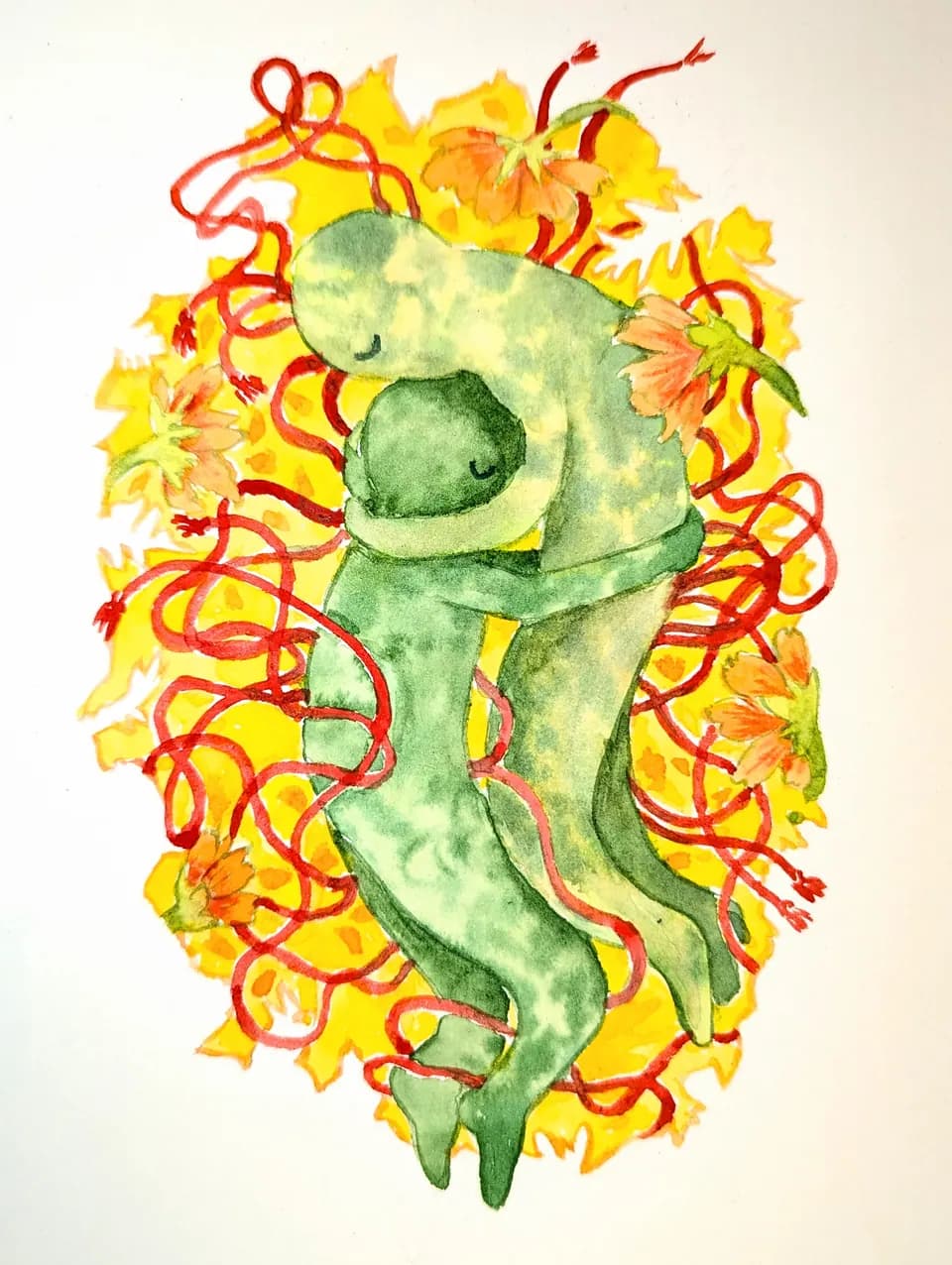 A colorful illustration of two people hugging surrounded by ropes and flowers.