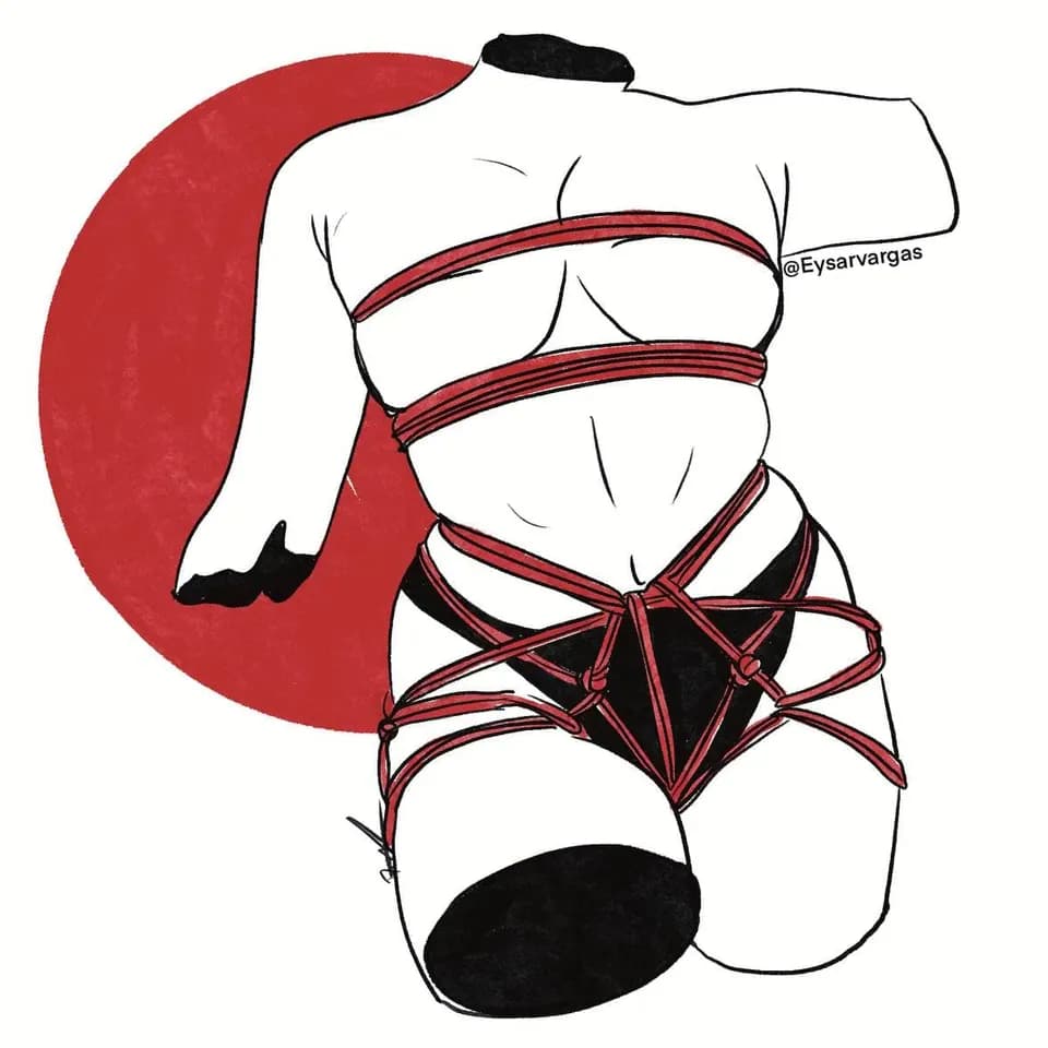Illustration of a torso tied with red rope in a waist harness, labeled with technical terms.