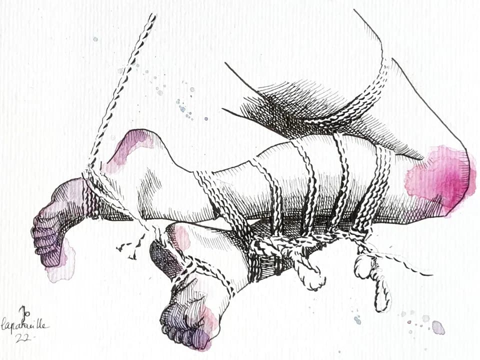 Hand-drawn diagram of rope wrapping technique with technical annotations.