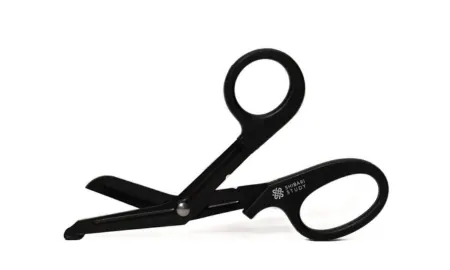 Pair of black safety scissors designed for rope cutting.