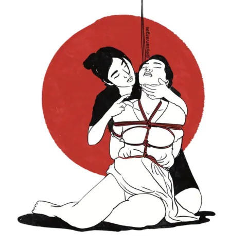 Two people illustrated with one tying rope in a chest harness pattern on the other's torso.