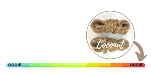 A magnified circular detail of coconut rope texture on a sensation scale.