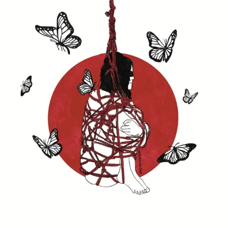 An illustration of someone sitting in a cocoon shape, bound in ropes with butterflies flying around them.