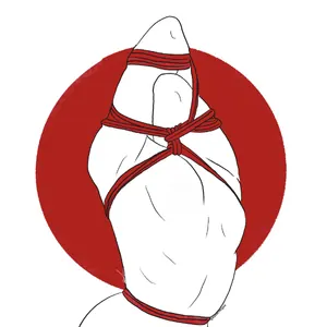 Illustration of a person's torso in a chest harness against a red circular background.