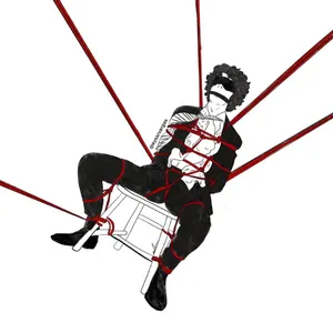 Illustration of a person suspended in rope bondage against geometric background.
