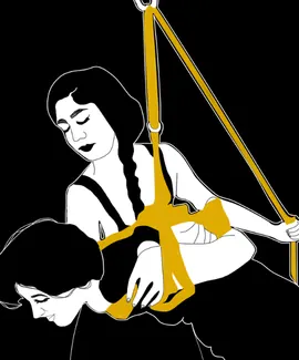 An illustration of a person suspended by yellow rope against a dark background.