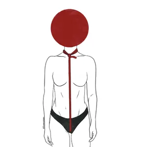 Illustration of a figure with a vertical line of red rope and black bands.