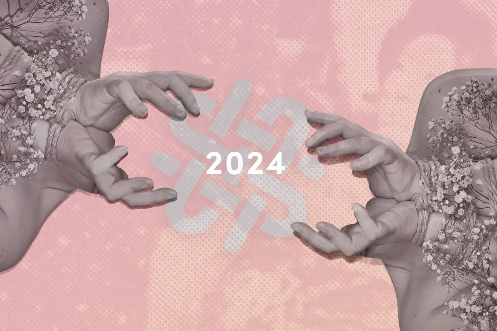 2024 wrap with intertwined hands in rope bondage with floral accents on a pink textured backdrop.