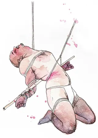 Watercolor illustration of a person suspended upside down in rope.