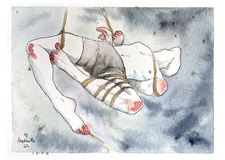 Illustration of a person kneeling while suspended in rope with pink watercolor accents.