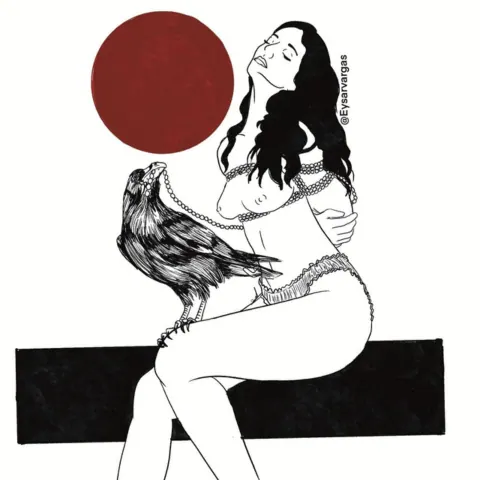 Illustrated person bound in rope with decorative bird motif and deep red background circle.