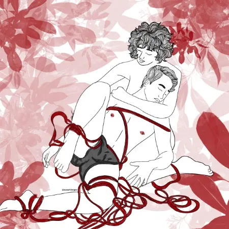 An illustration of two people practicing shibari, the rope bottom lying in the arms of the rigger as they're untied.
