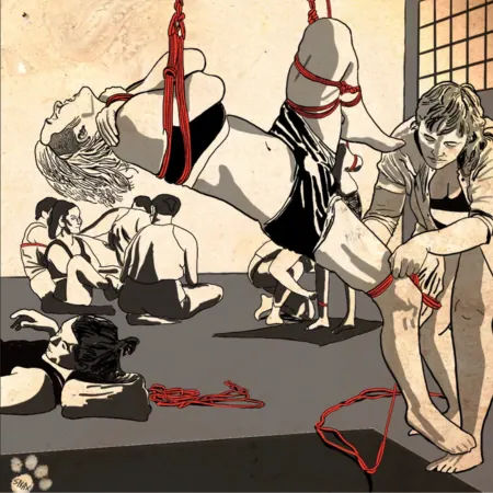 Illustration of a rope bondage class with students observing a suspended person being tied.