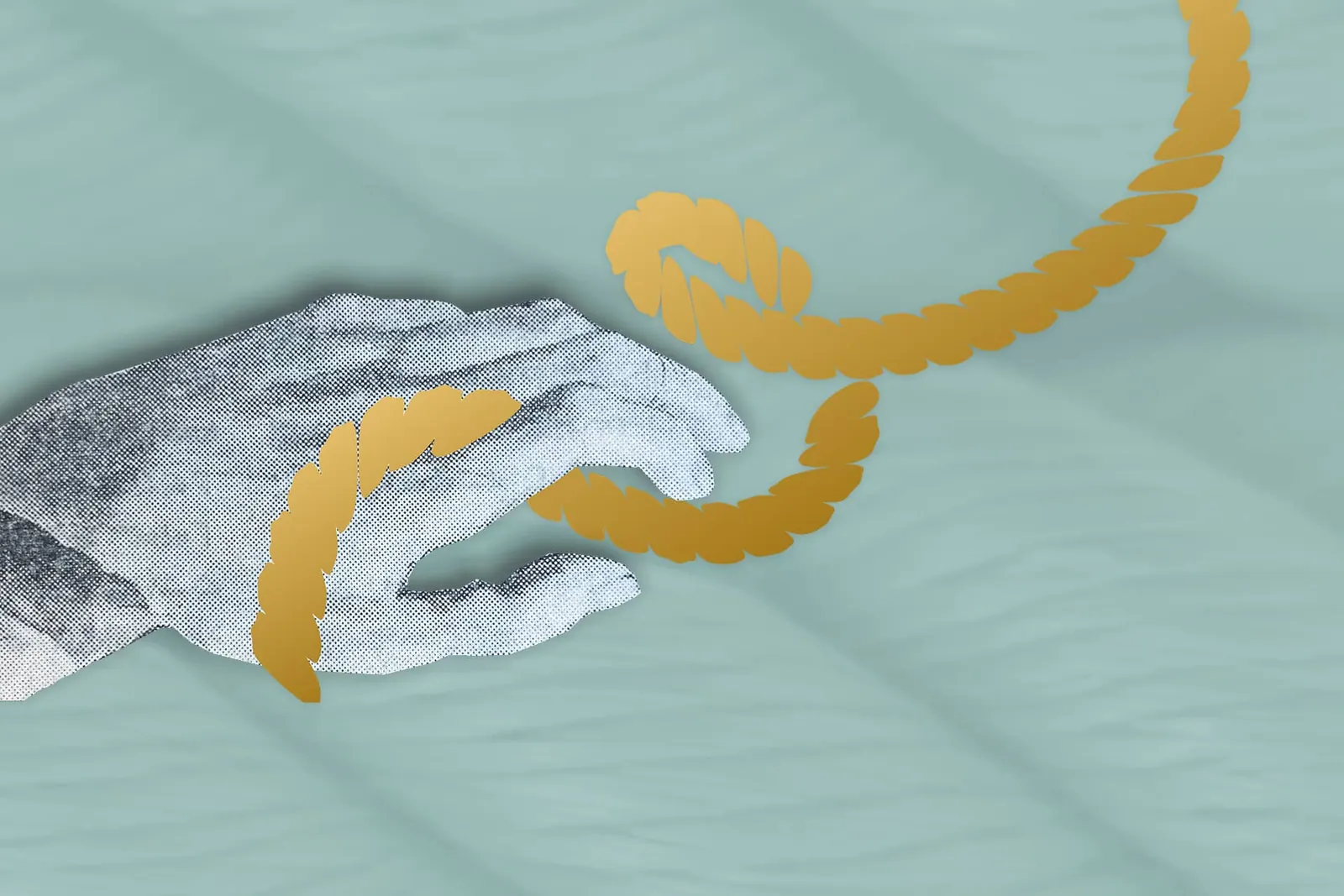 A grayscaled hand holding a stylized gold rope against a textured green background.