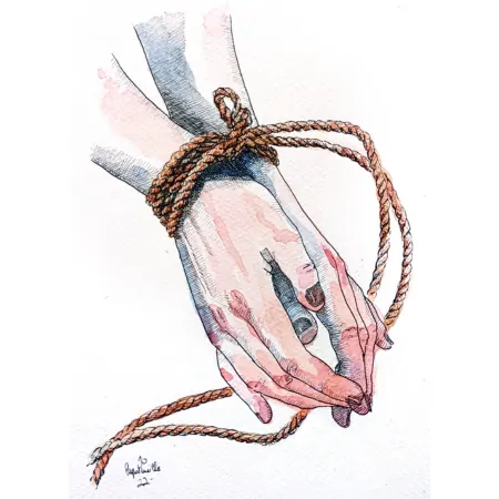 A sketch showing rope suspension and restraint techniques.