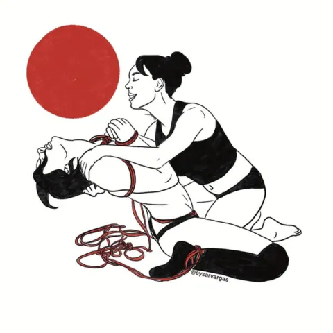 Illustration of two people with one kneeling while tying red rope on the other's legs.