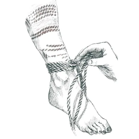 An illustration of rope wrapping technique on the leg.