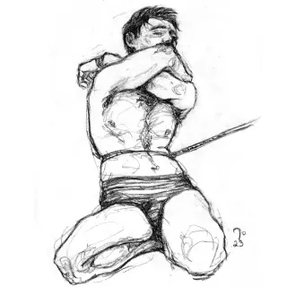 Sketch of a seated person bound with rope around the torso.