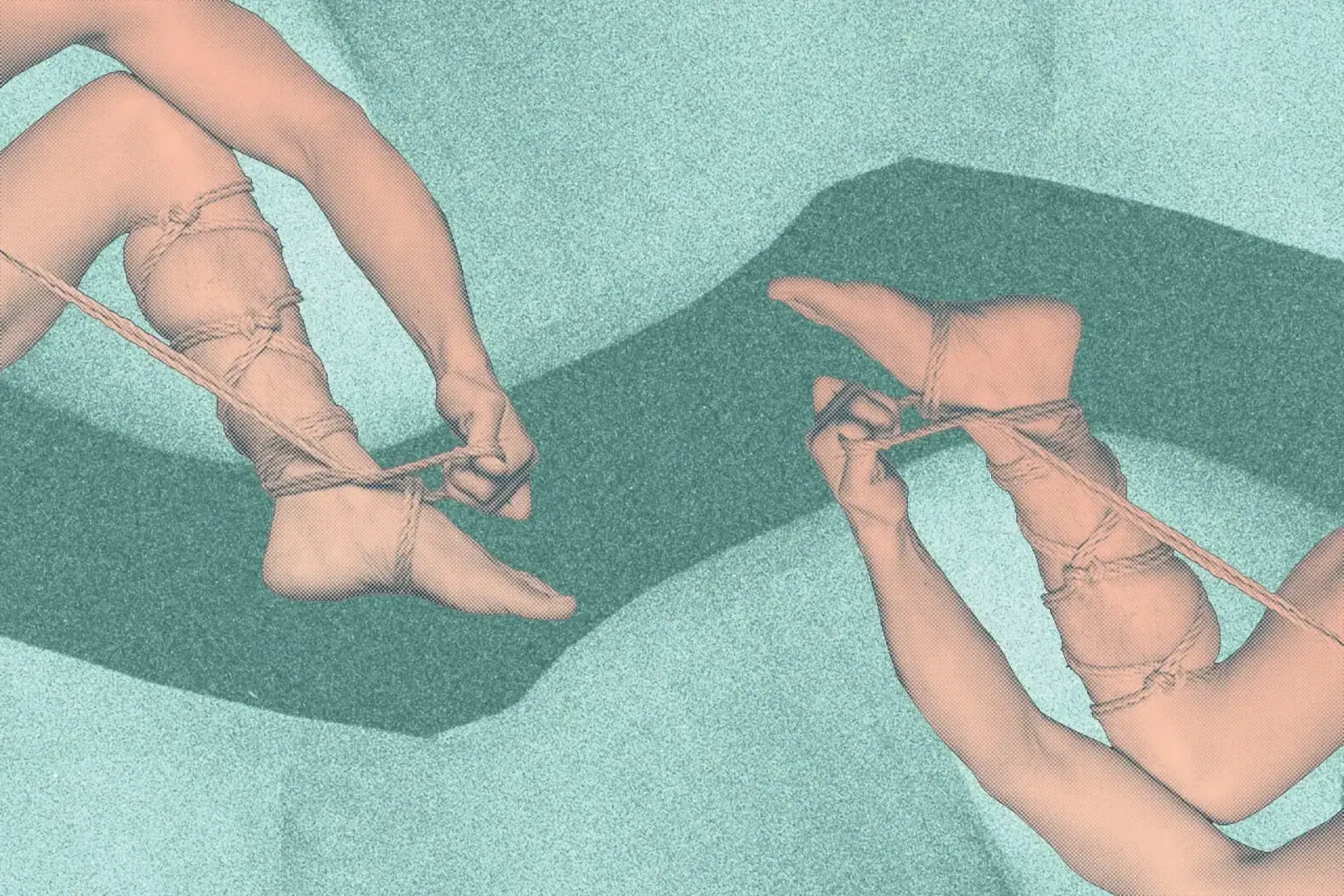 A person is self-tying their leg with shibari rope on a green background.