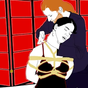 An illustration of a person suspended in rope by a rigger.
