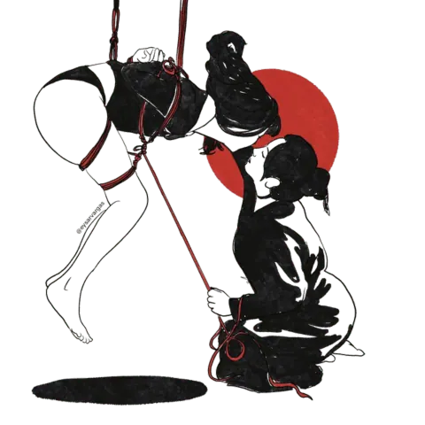 Two people practicing shibari suspension with rope in an illustrated style.