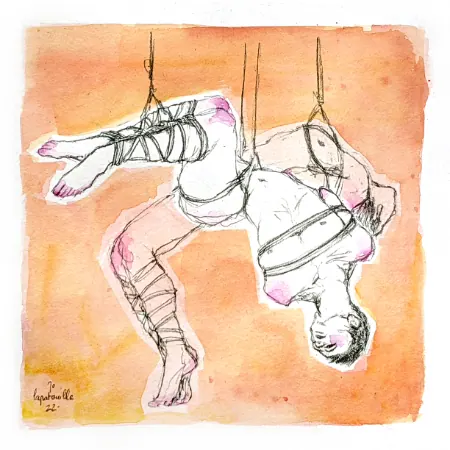 Watercolour and ink illustration of someone in a shibari suspension.