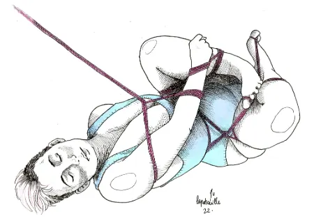 Ink illustration of a person bound in ropes with a serene look on their face.