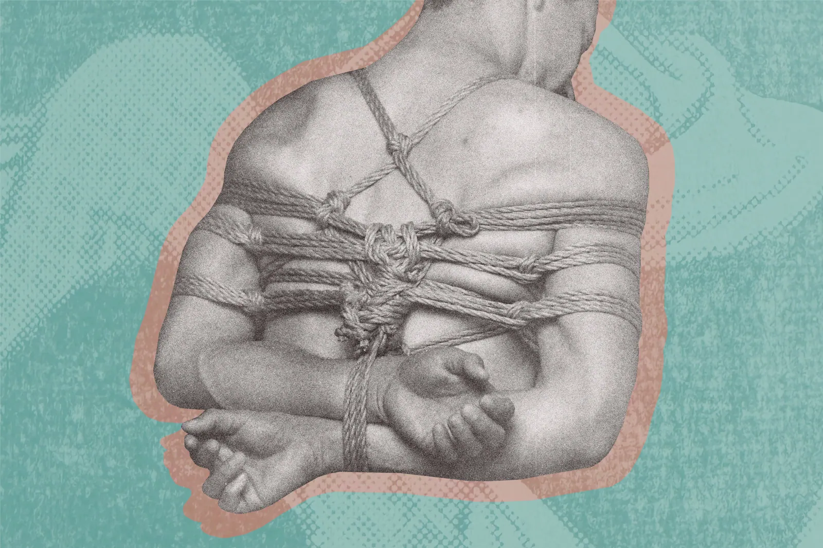 a man with hands bound behind back with a shibari takate kote (TK), set against a teal background.