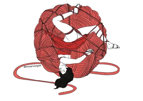 Illustrated figure wrapped in a large tangle of rope.