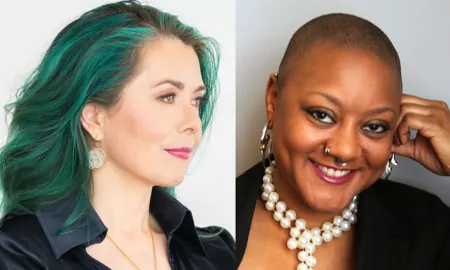 Portraits of two people with different skin tones and hair colors.