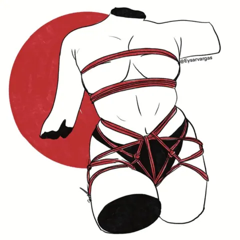 Illustration of a torso tied with red rope in a waist harness, labeled with technical terms.