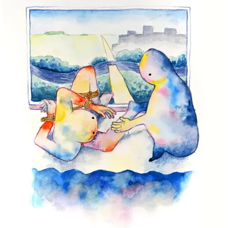 A watercolor illustration of figures in a rope bondage scene by water.